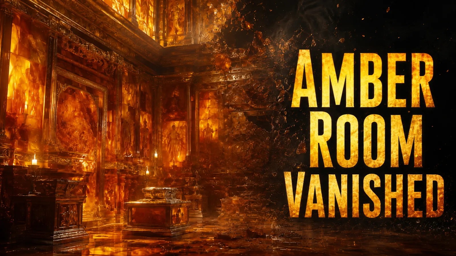 Glowing amber-paneled chamber fading into smoke and shadow, symbolizing the Amber Room's disappearance