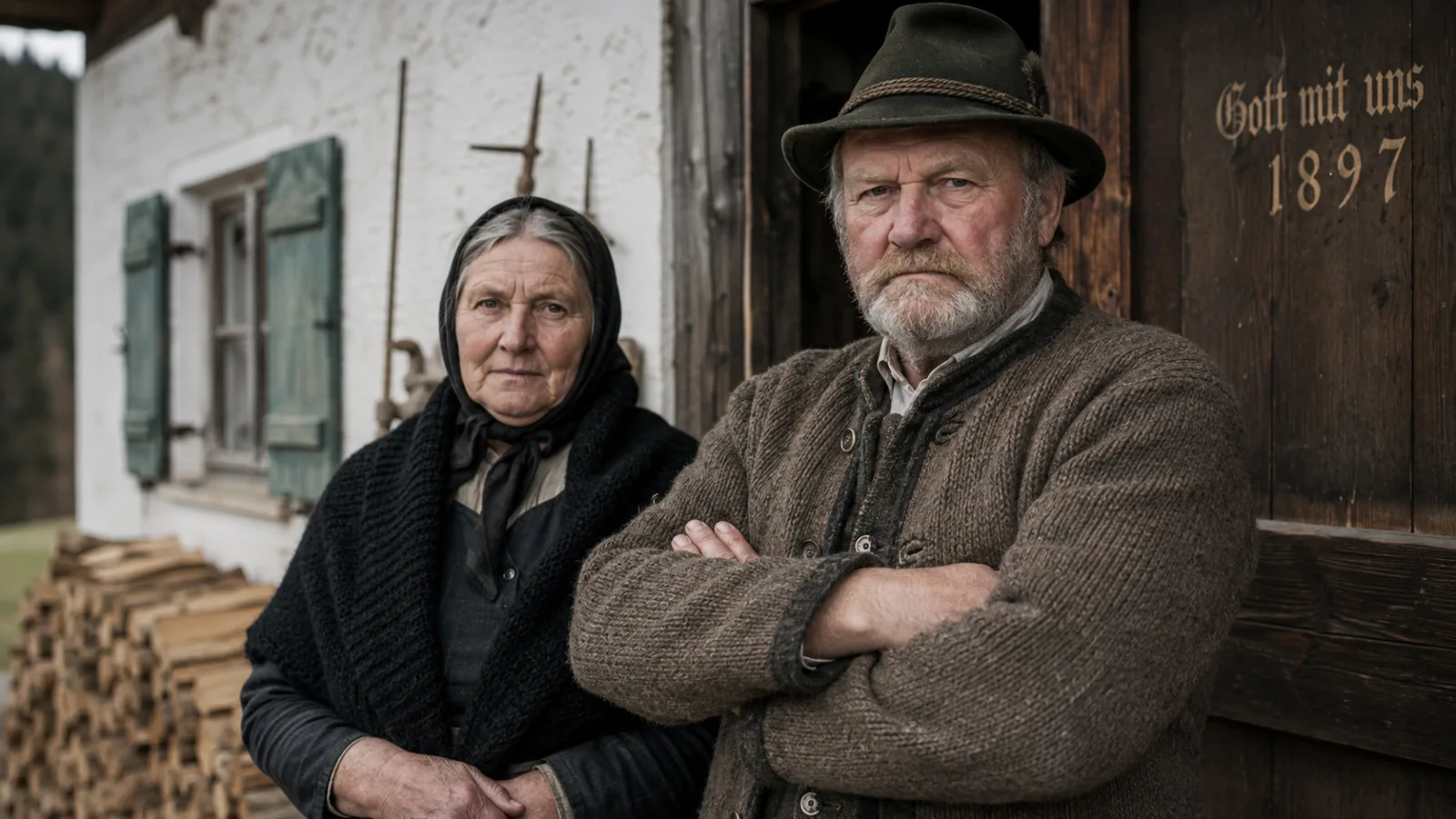 Reenactment portrait of an elderly Bavarian farmer and his wife standing outside a farmhouse in period clothing