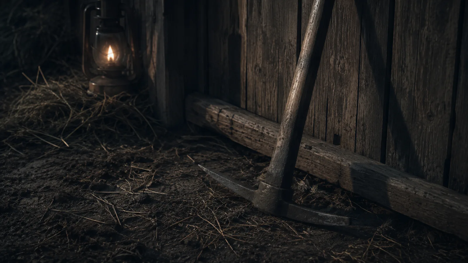 An old mattock farming tool leaning against a wooden barn wall with straw scattered on the ground