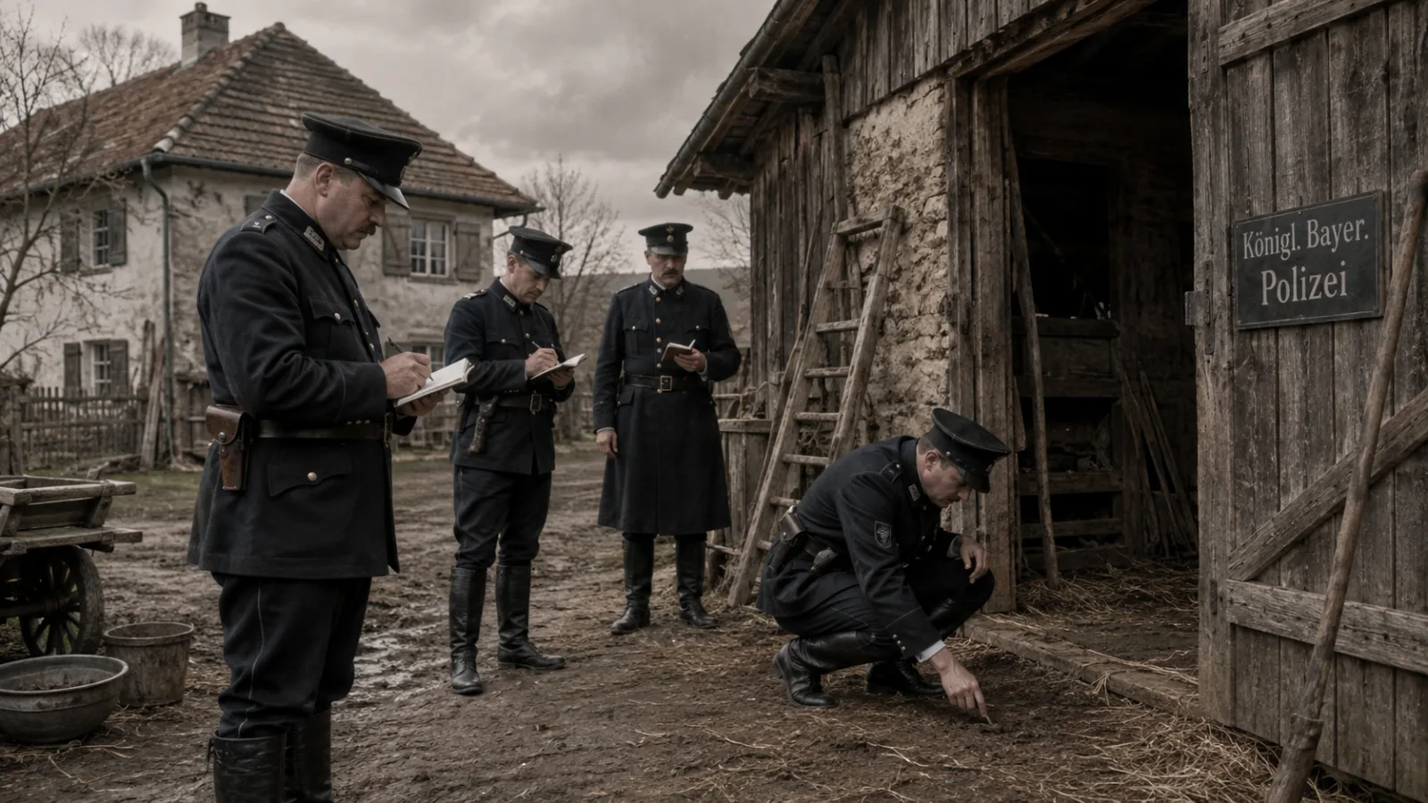 Reenactment of 1920s Bavarian police officers examining a farmyard near the barn