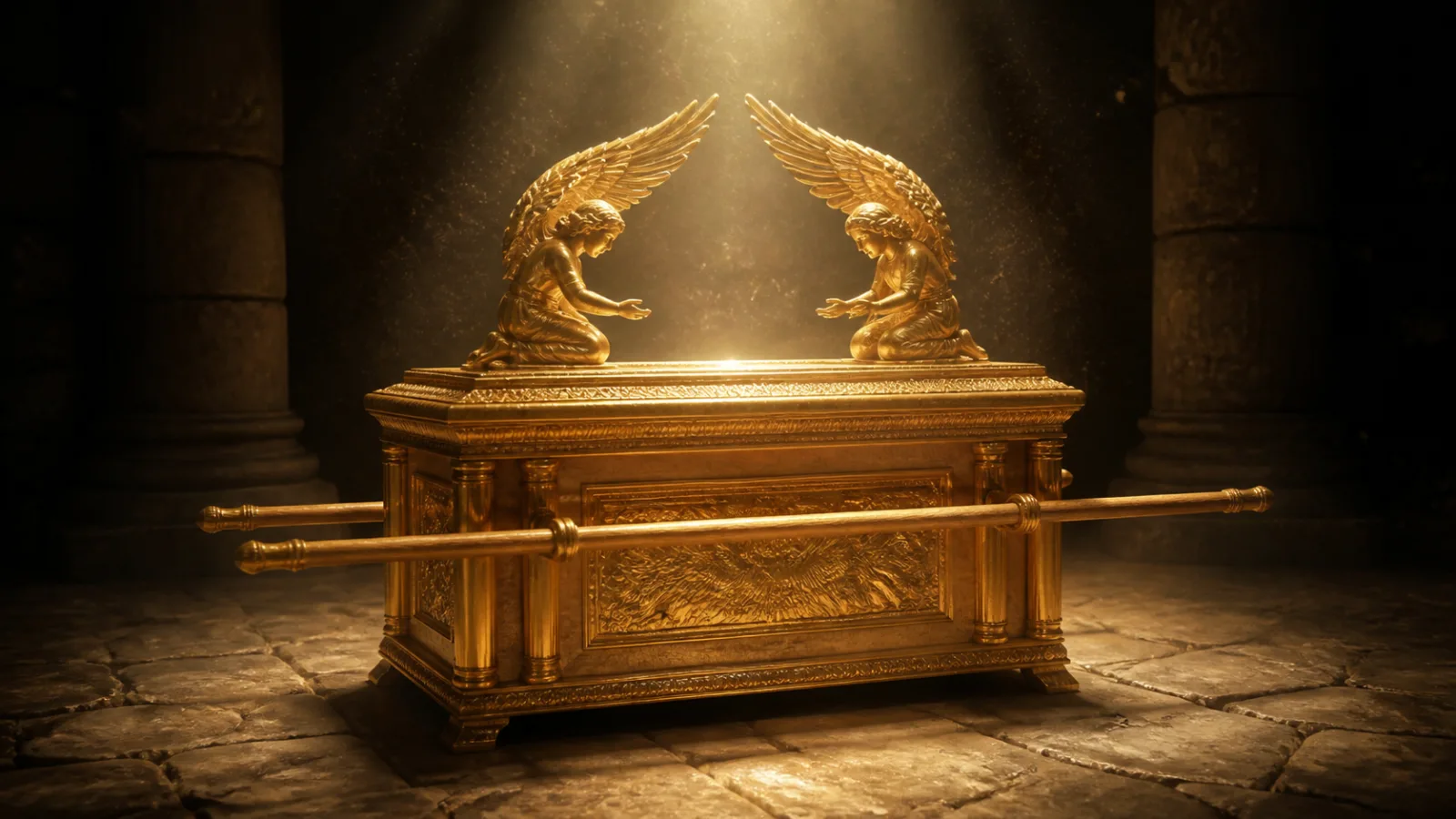 Illustration of a golden ark with two facing cherubim atop its lid in a dark stone chamber