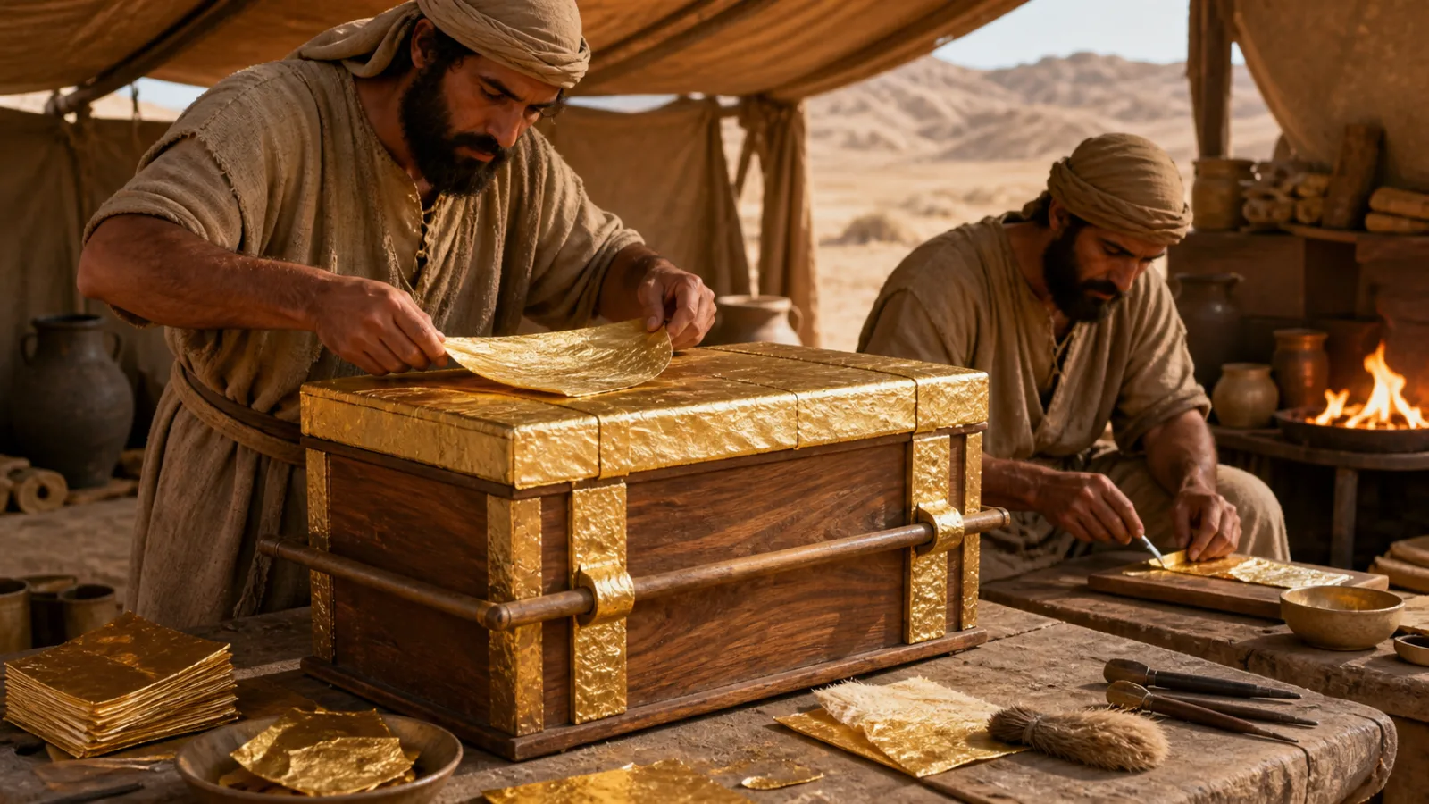 Illustration of ancient craftsmen overlaying a wooden chest with gold leaf in a desert workshop