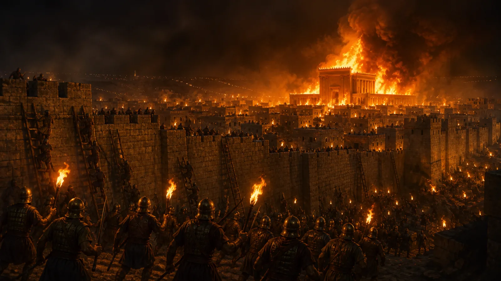 Illustration of ancient Jerusalem under siege at night with the temple burning