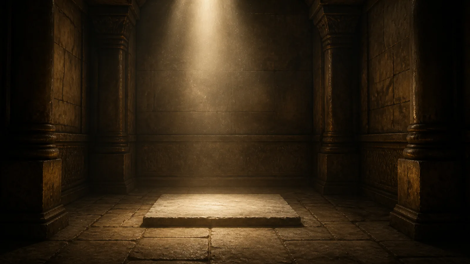 Illustration of a dim ancient temple chamber with an empty stone marking where the Ark once stood
