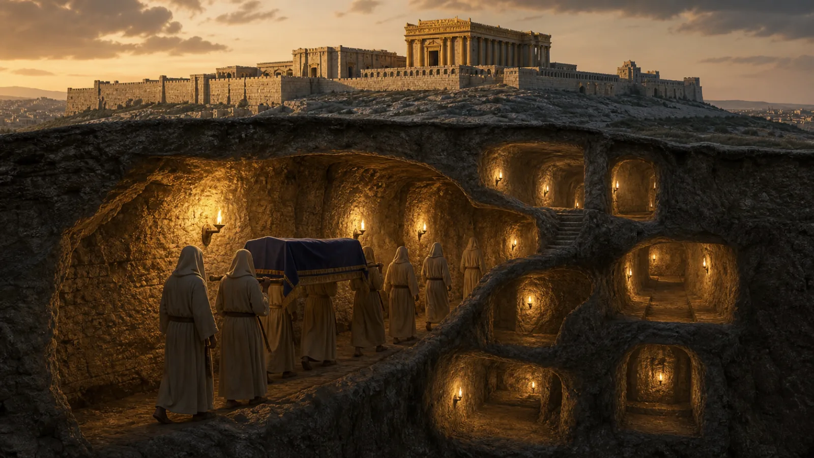 Illustration of robed priests carrying a covered object through torchlit tunnels beneath a temple mount