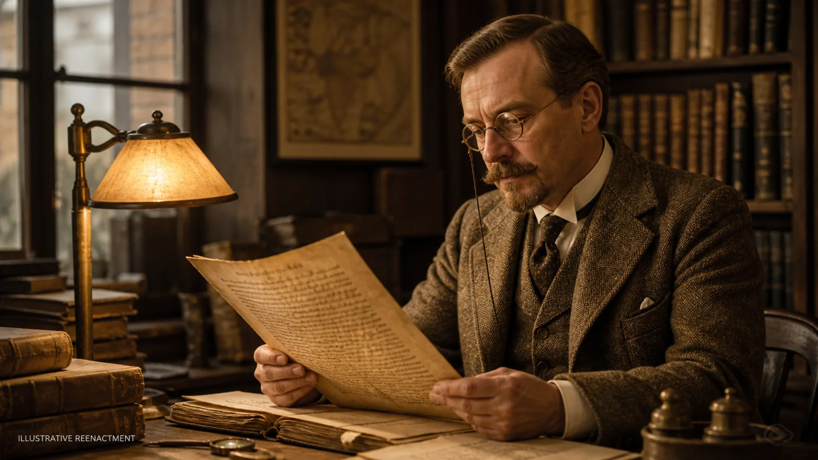 Reenactment of an early 20th century rare book dealer examining an old manuscript by lamplight