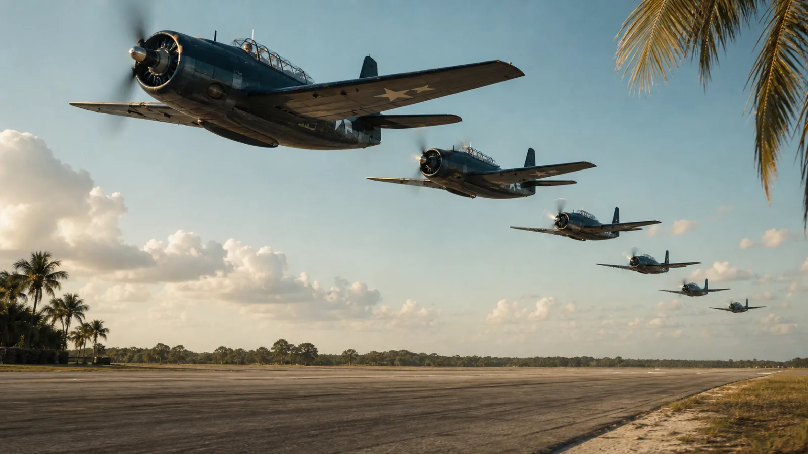 Five World War II era Navy Avenger bombers taking off from a Florida airbase into a clear afternoon sky