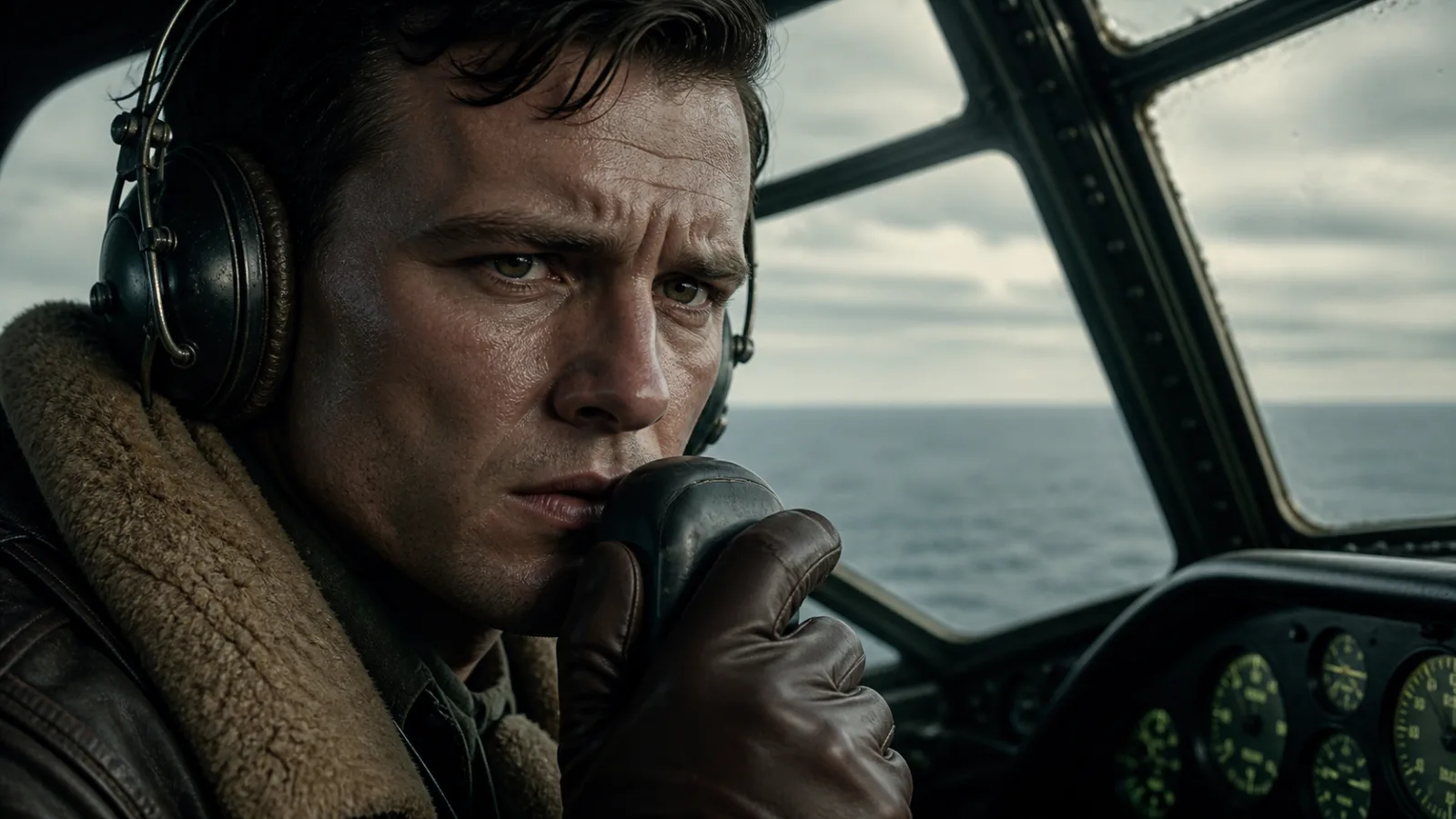Cockpit view of a 1940s military pilot in a leather flight jacket speaking into a radio microphone over open ocean