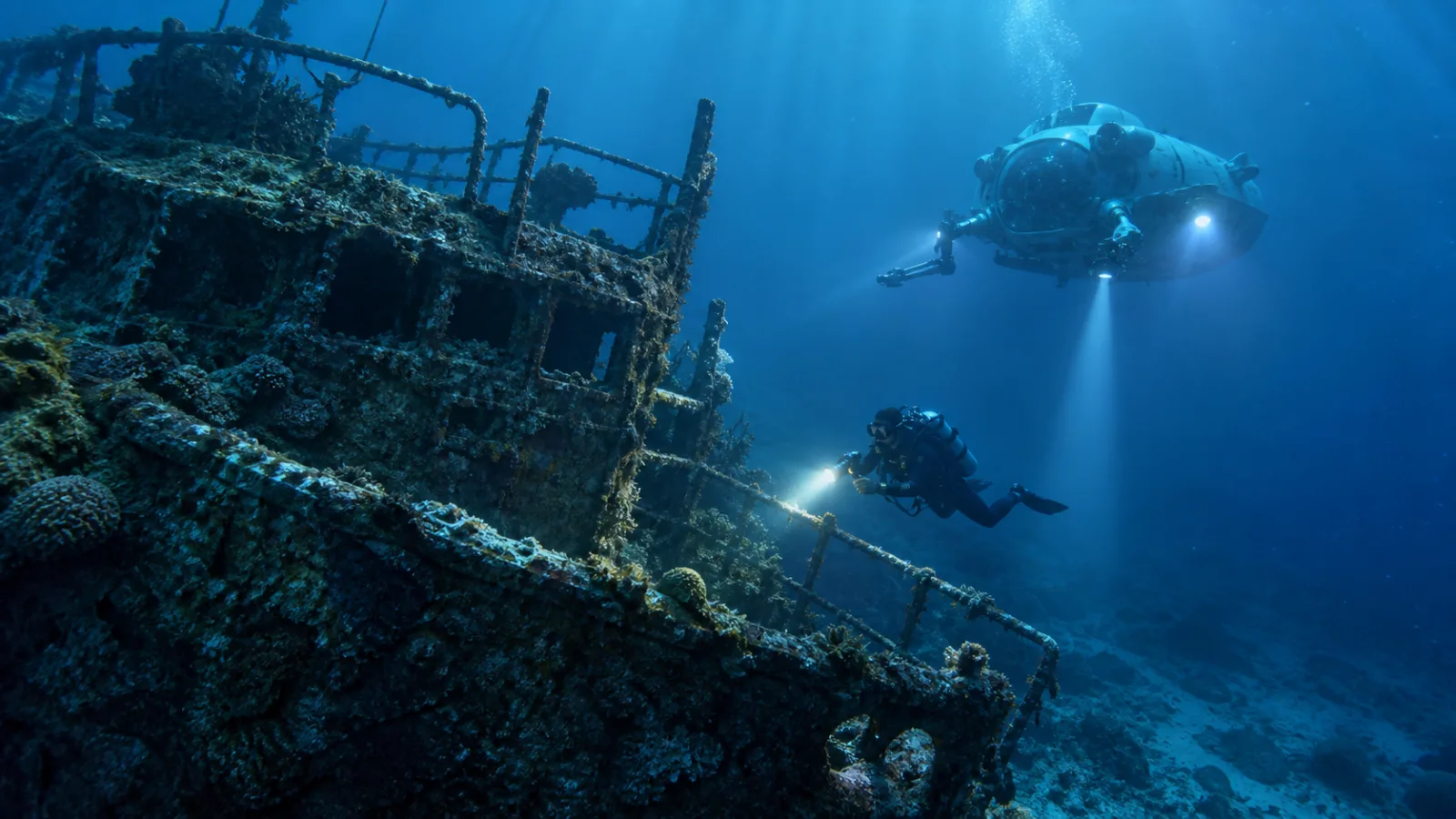 Divers and a research submersible exploring a decayed shipwreck on the ocean floor
