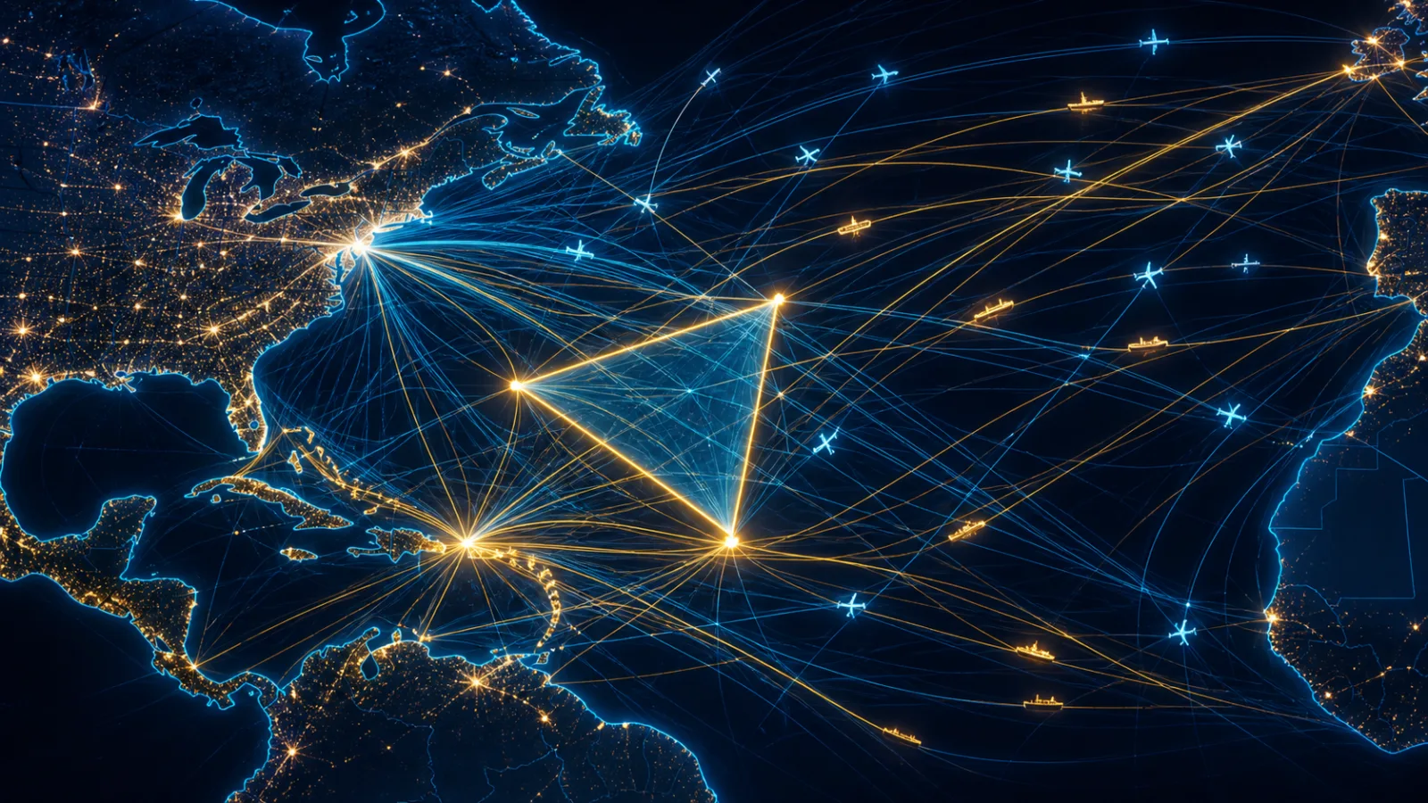 Stylized map of the western Atlantic showing dense shipping and flight routes converging through the Bermuda Triangle region