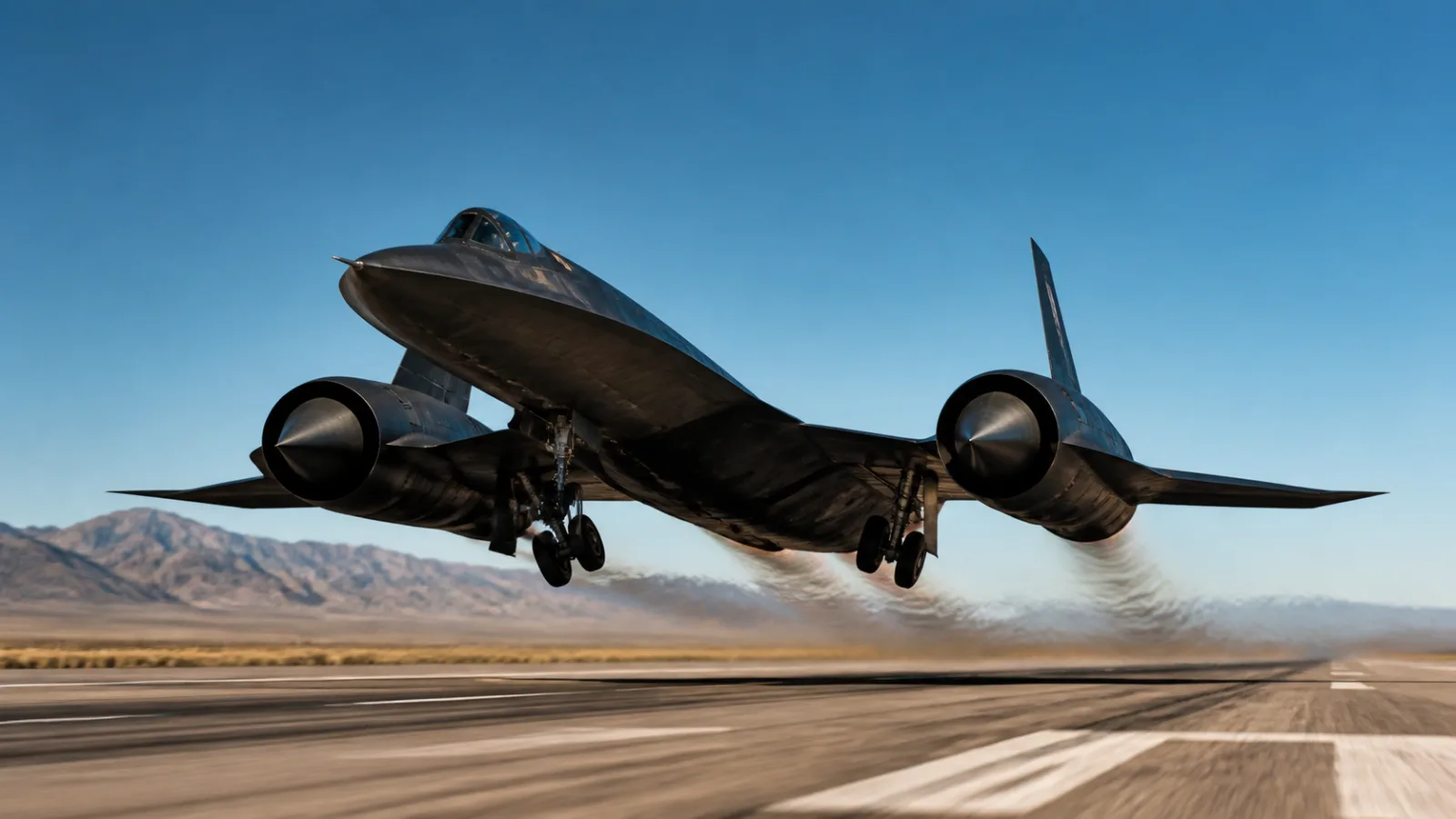 Sleek black high-speed reconnaissance aircraft resembling the SR-71 Blackbird lifting off a desert runway