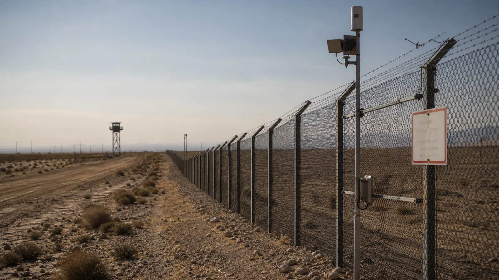 Remote desert perimeter fence line with motion sensor poles and a distant guard tower silhouette against harsh sunlight