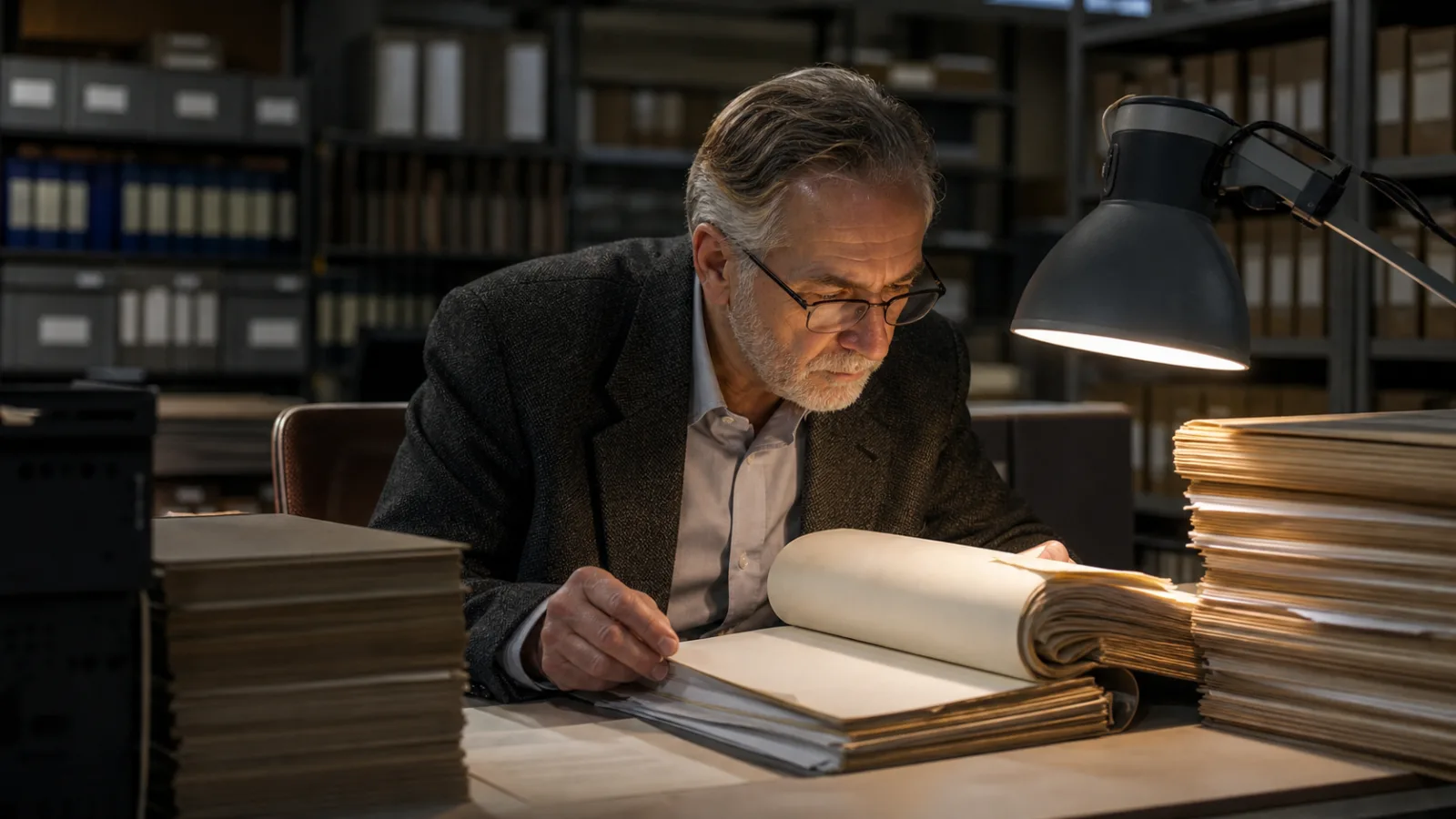 Researcher examining a thick declassified government document under desk lamp light in a university archive office