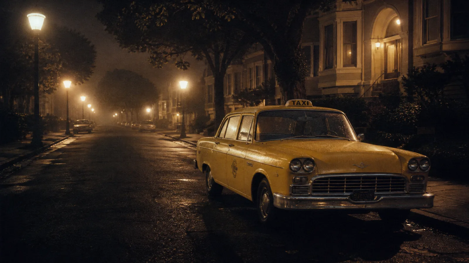 Vintage yellow taxi cab parked on a foggy, tree-lined San Francisco street at night