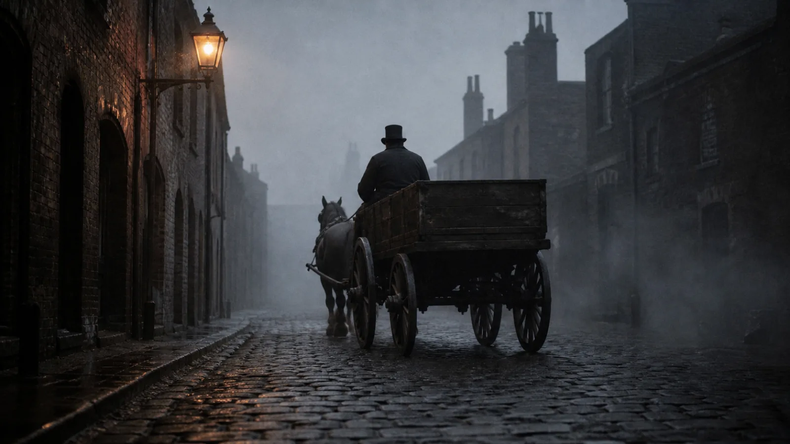 A horse-drawn cart moving through a foggy, gaslit cobblestone street in 1888 Whitechapel