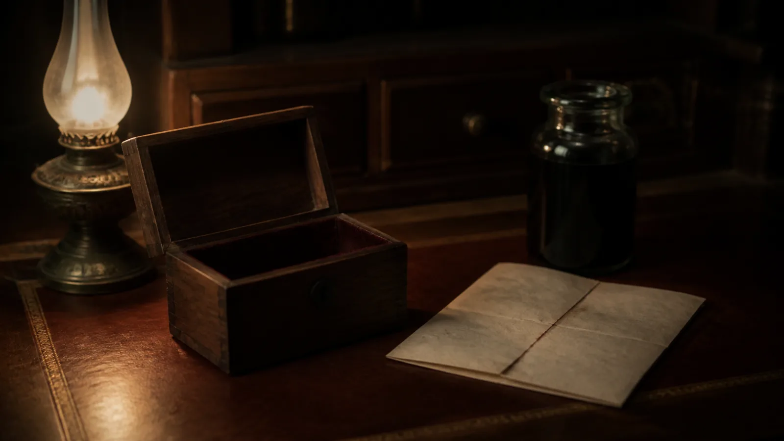 A small wooden box and folded letter on a dimly lit Victorian desk, evoking the infamous kidney package