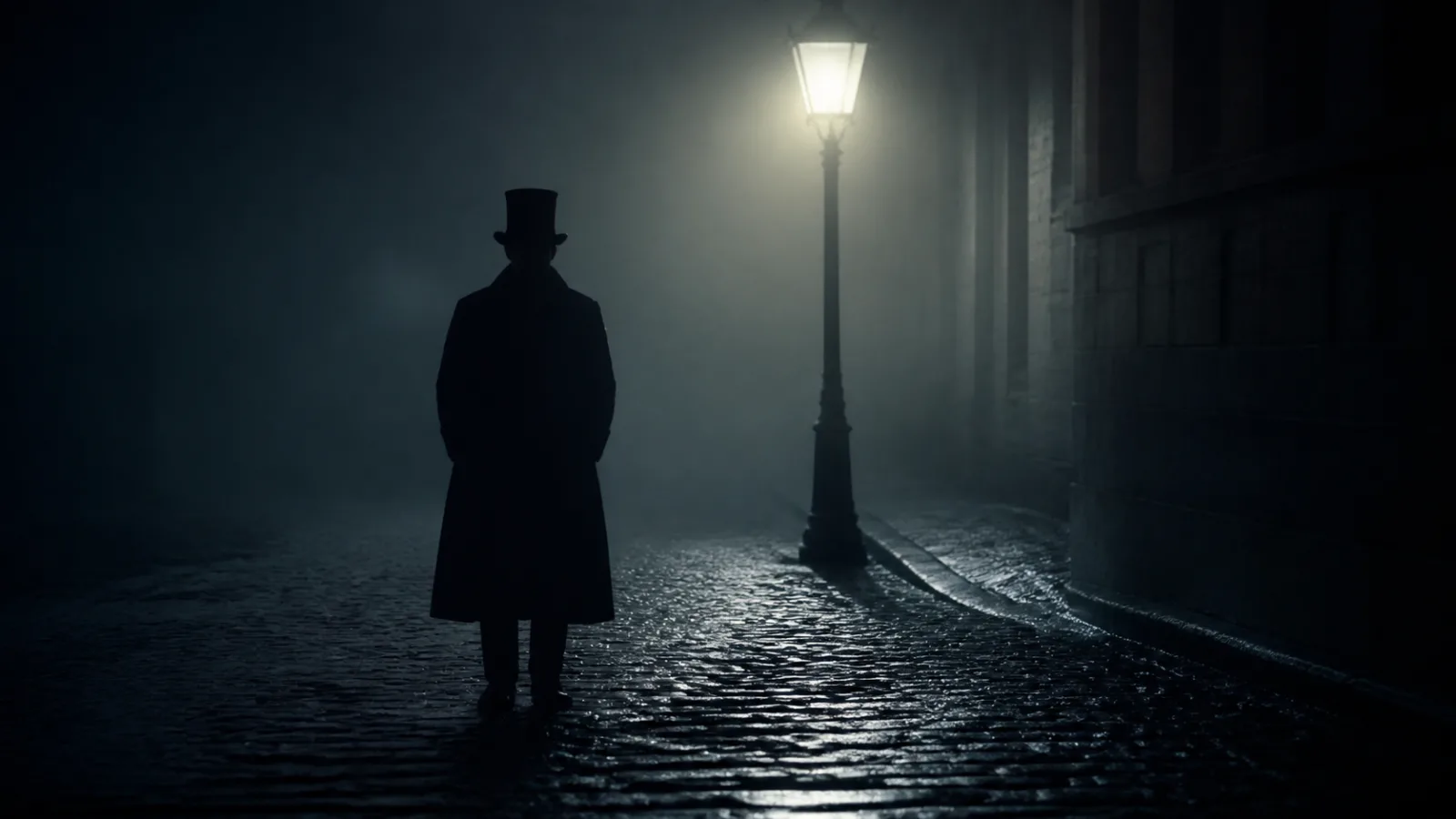 A shadowy, indistinct male figure standing under a distant gas lamp at night, face obscured