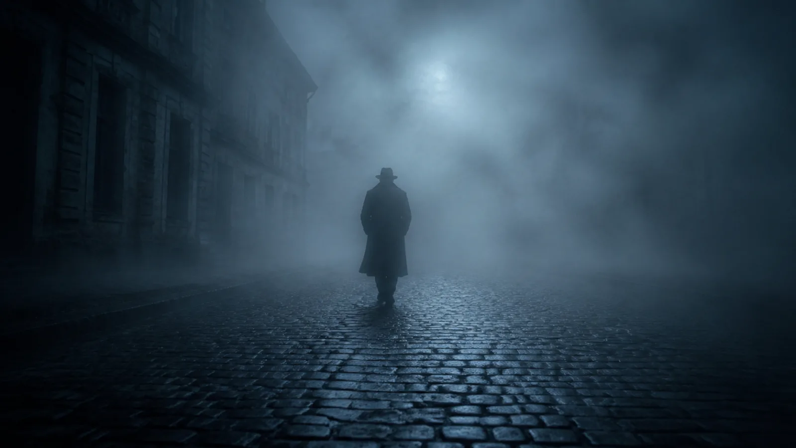 A solitary shadowed figure walking away into thick rolling fog on an empty cobblestone street