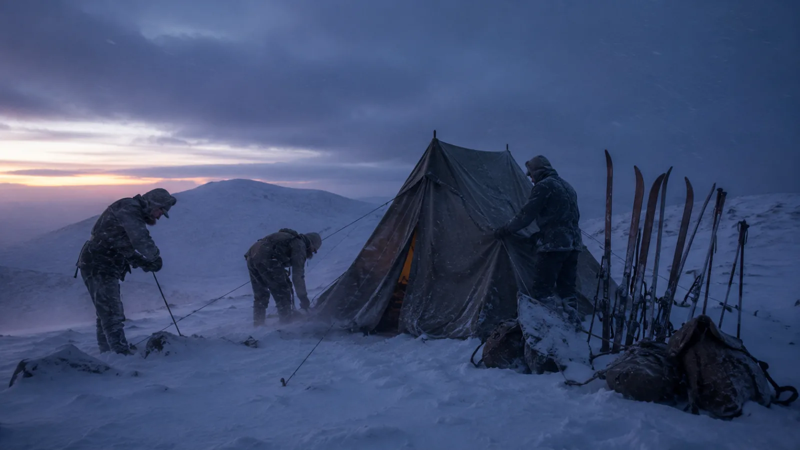 Illustrative reenactment of winter hikers pitching a canvas tent on an open snowy mountain slope at dusk with skis stacked outside
