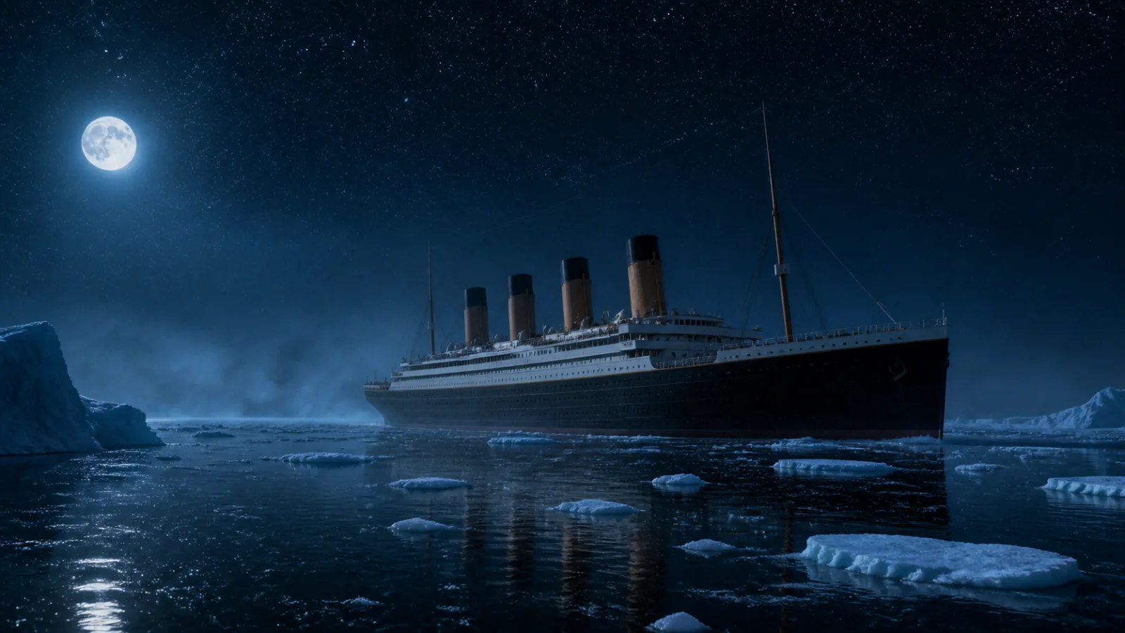 A dark steamship sits motionless in a moonlit ice field at night, engines silent