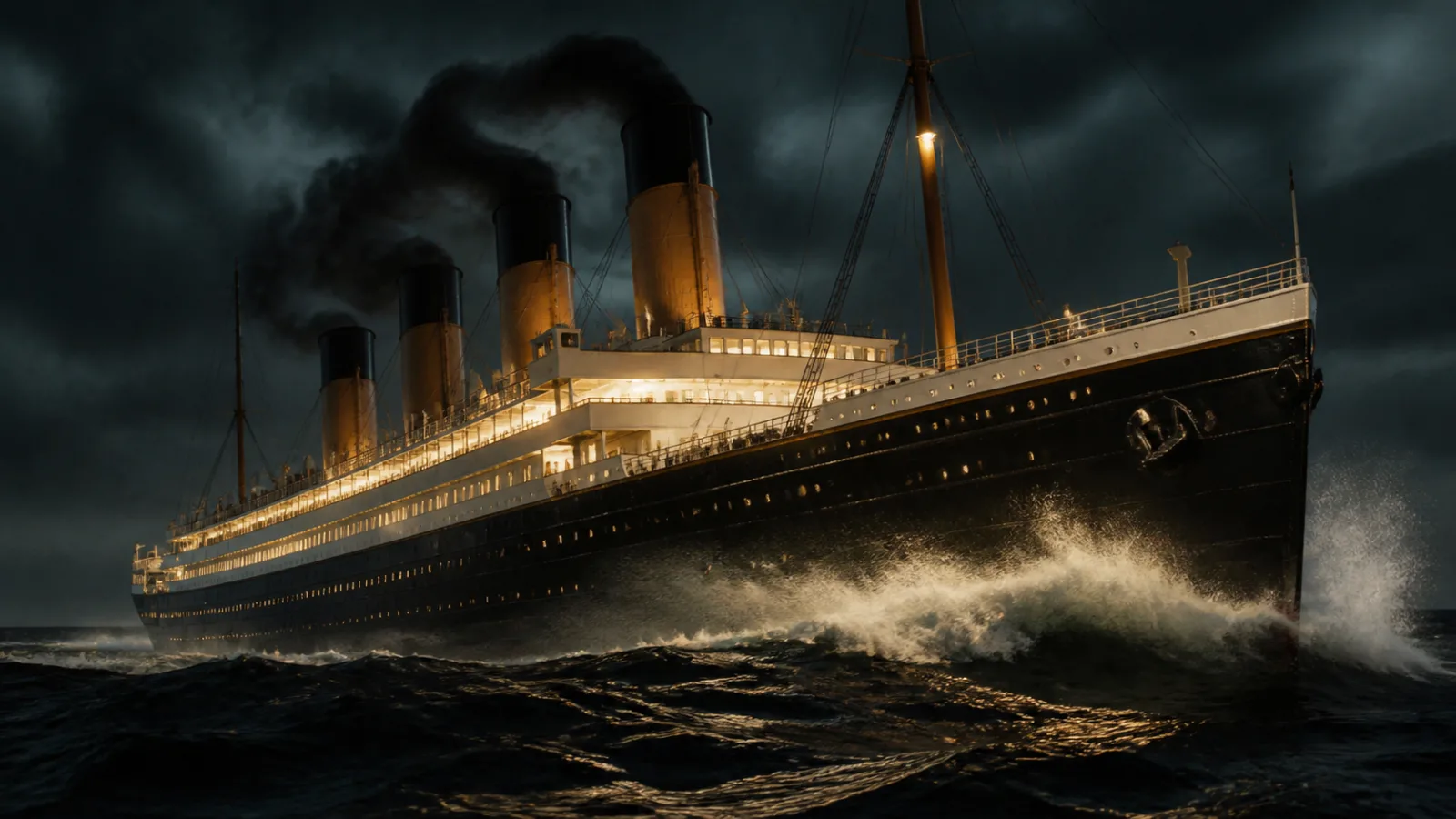 Ocean liner Carpathia plowing through dark rough seas at full speed during her rescue run