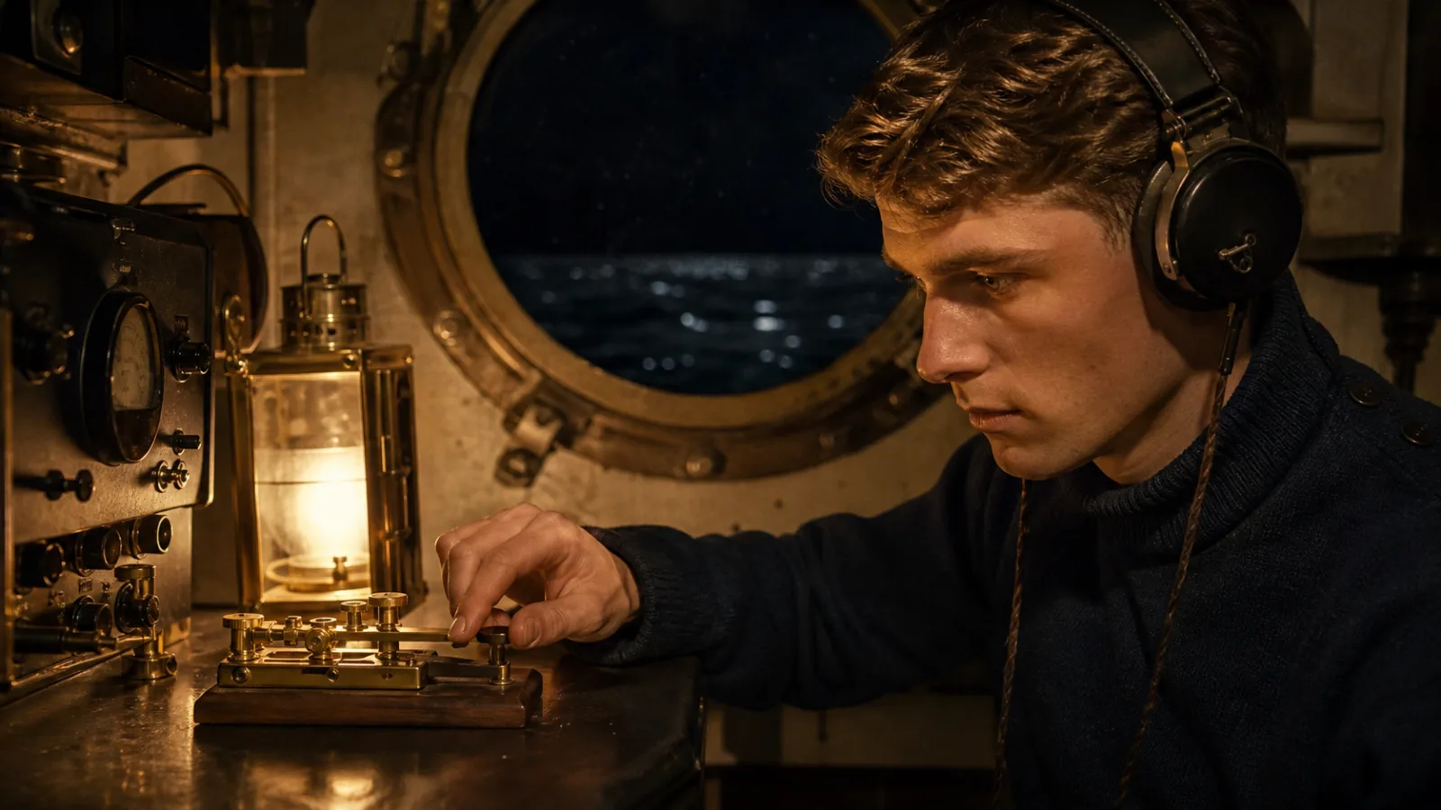 A young wireless operator taps a telegraph key in a ship's radio room at night