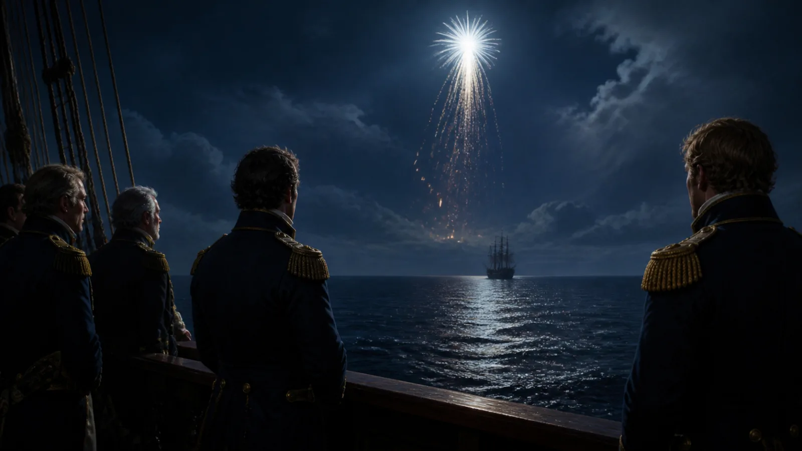 A white flare bursts in the night sky above a distant ship silhouette on dark ocean