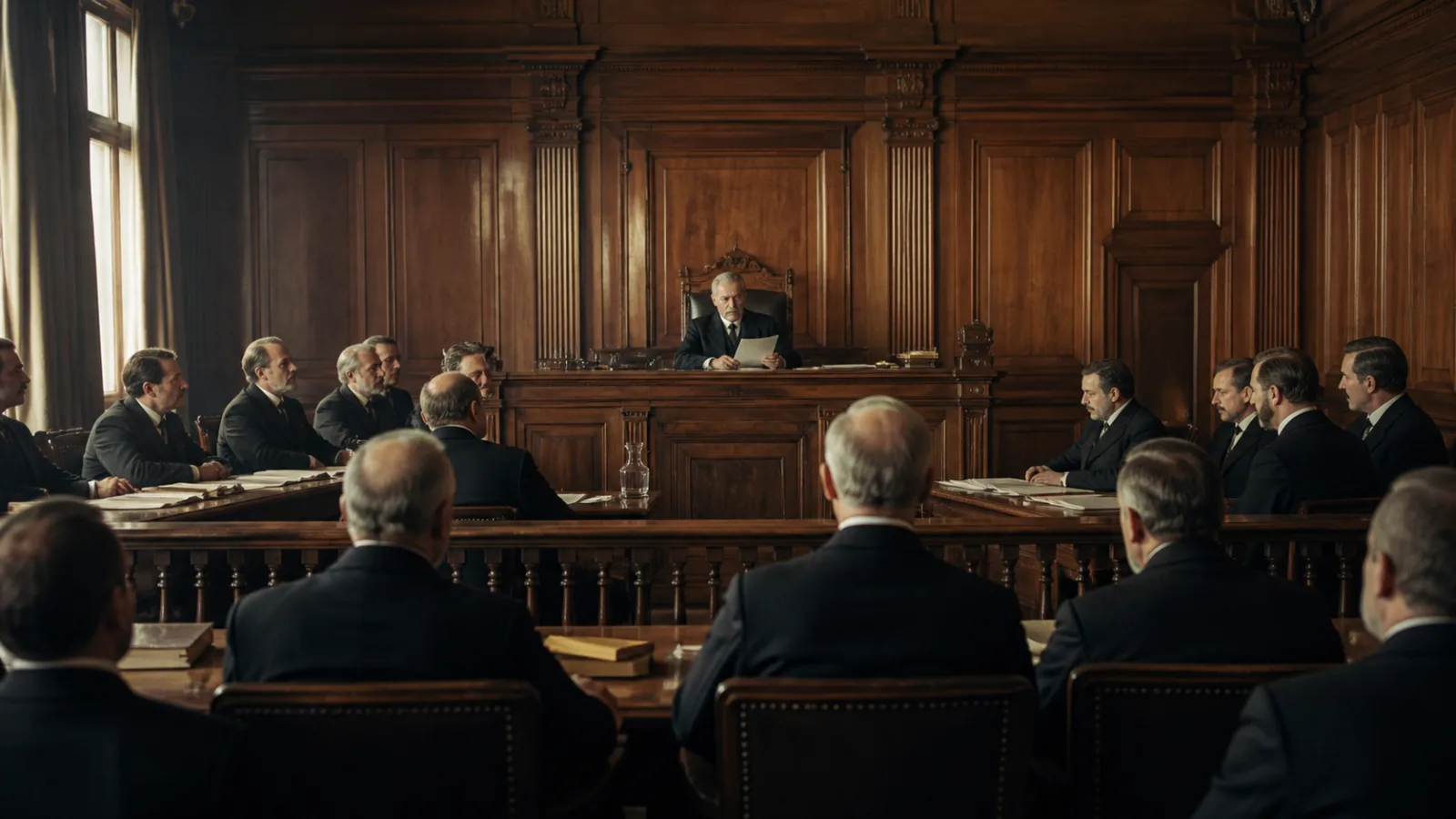 A formal early 20th century inquiry hearing room with a judge reading from papers