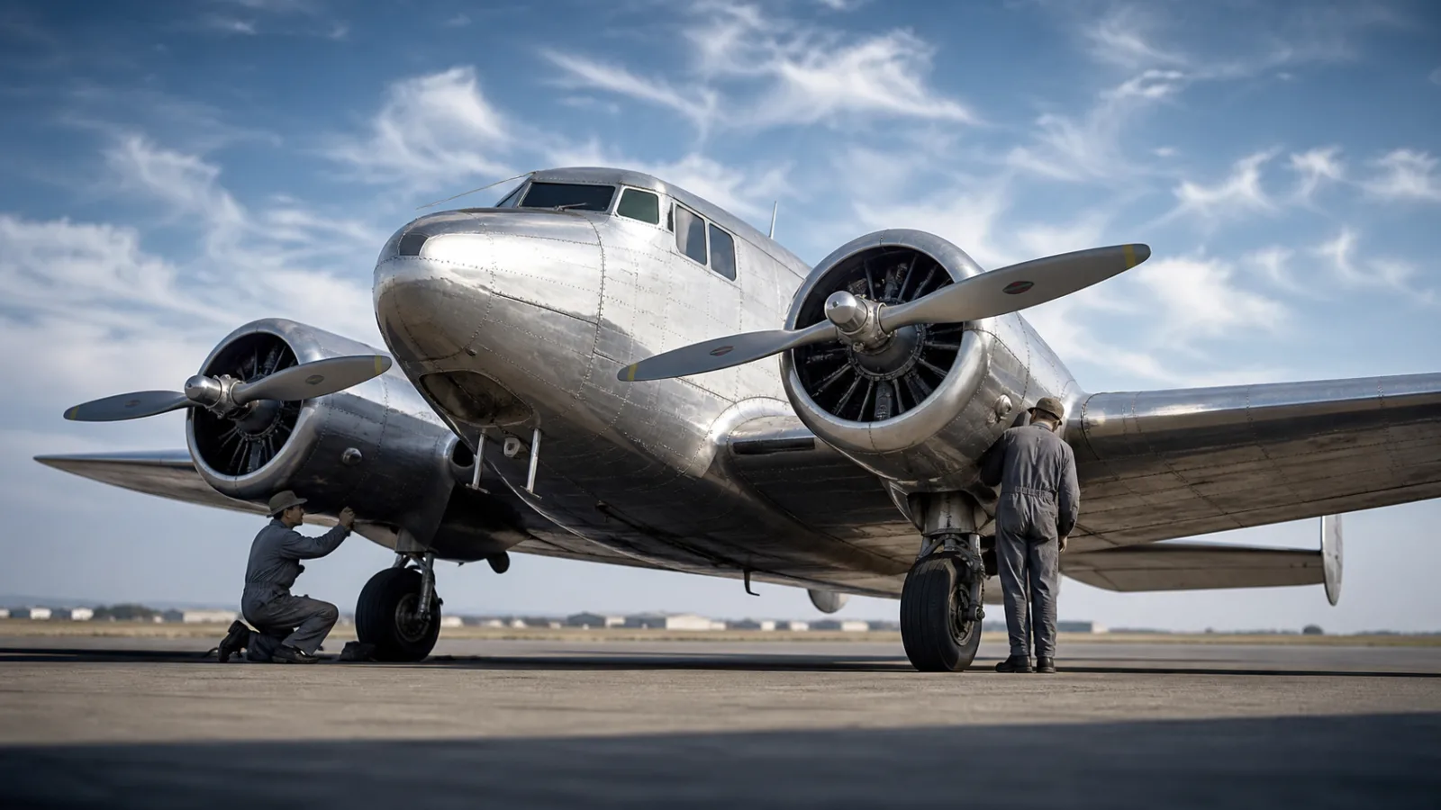 Illustration of a sleek silver twin-engine 1930s Lockheed Electra aircraft on an airfield