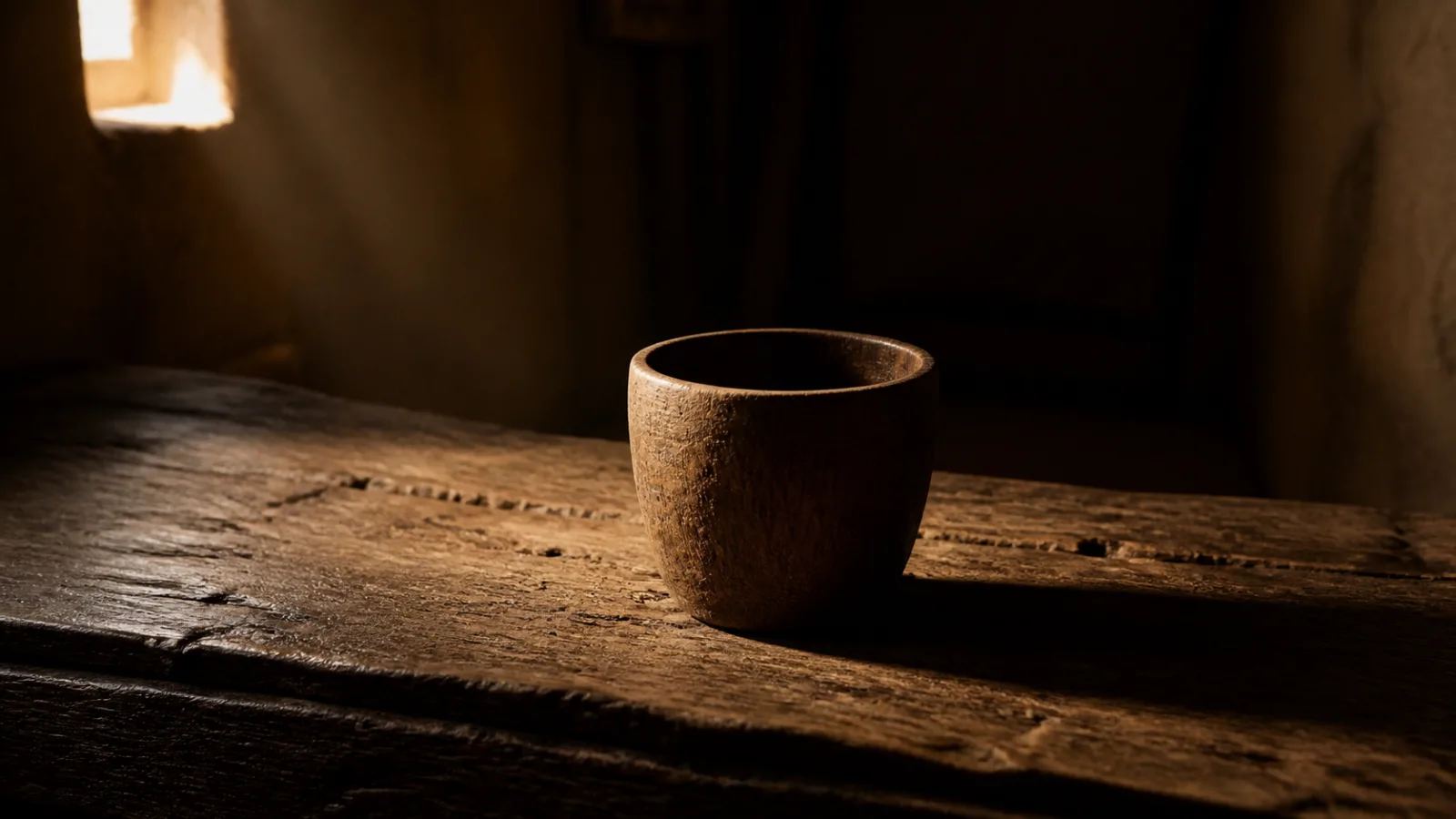 A plain wooden cup on a rough wooden table lit by candlelight, evoking the humble object at the heart of the legend