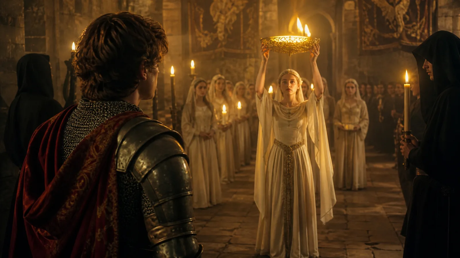 Reenactment of a medieval knight watching a ceremonial procession where a maiden carries a glowing dish