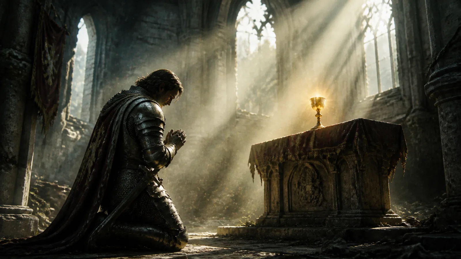 Illustration of an armored knight kneeling before a glowing chalice on an altar inside a ruined chapel