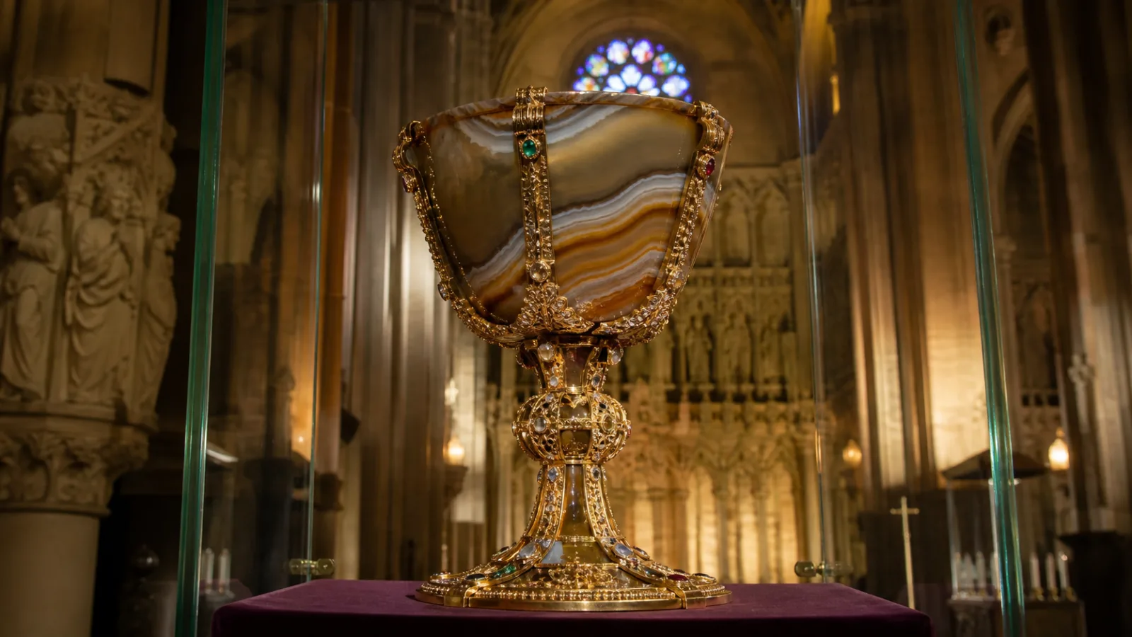 Depiction of an ornate agate cup mounted on a jeweled gold stem displayed in a Spanish cathedral