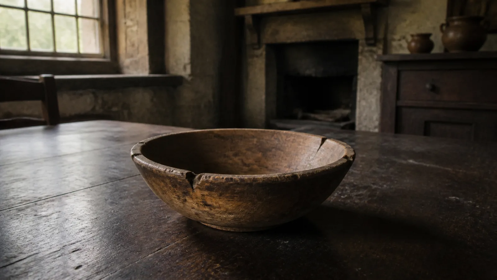 A small worn wooden bowl displayed on a table, representing the Nanteos Cup associated with Welsh tradition