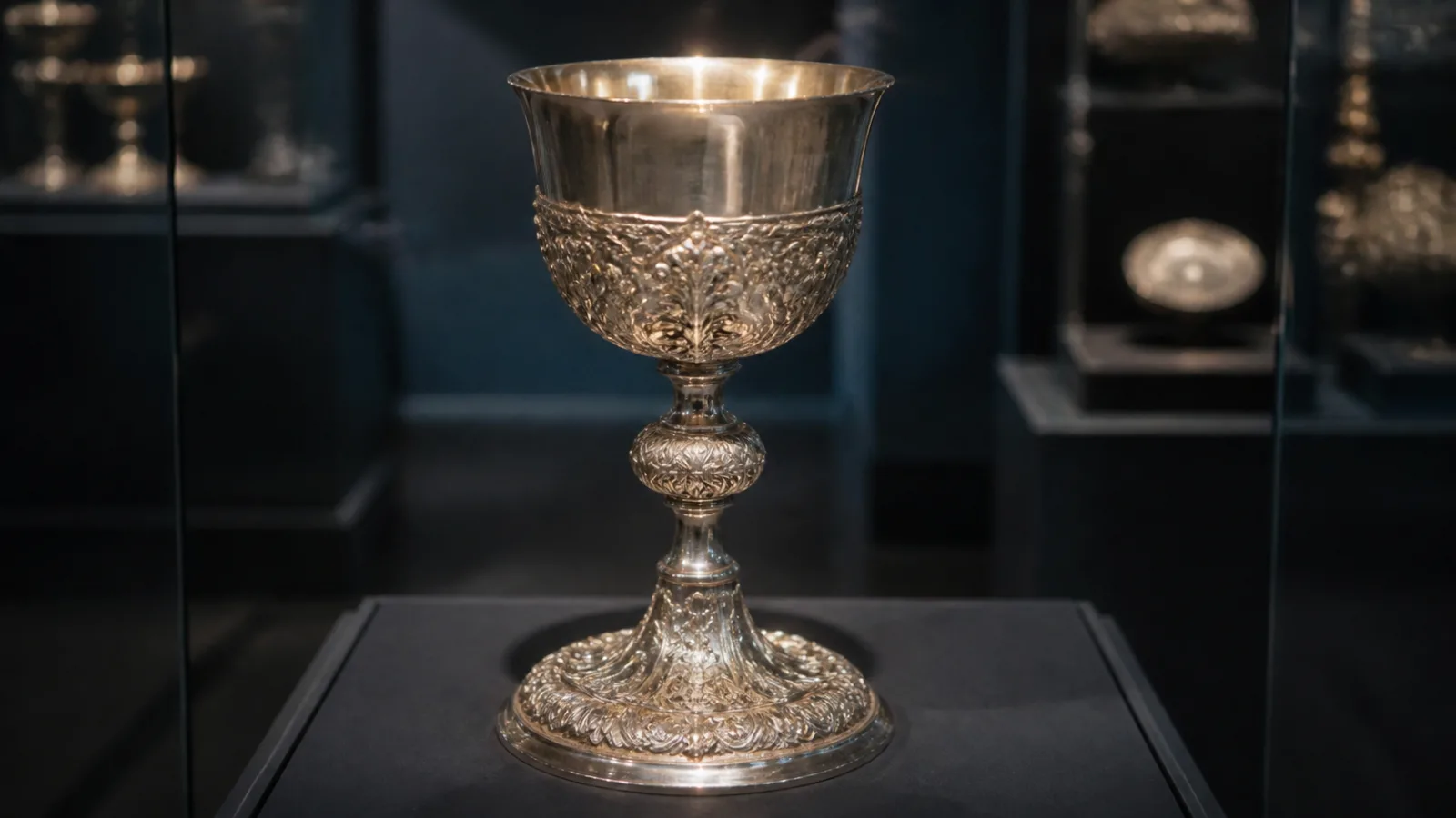 An ornate silver chalice with intricate filigree engravings displayed in a museum case