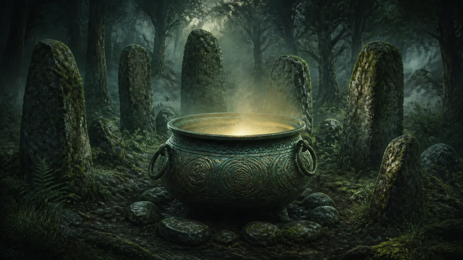 Mystical illustration of an ancient Celtic bronze cauldron glowing faintly in a misty forest clearing