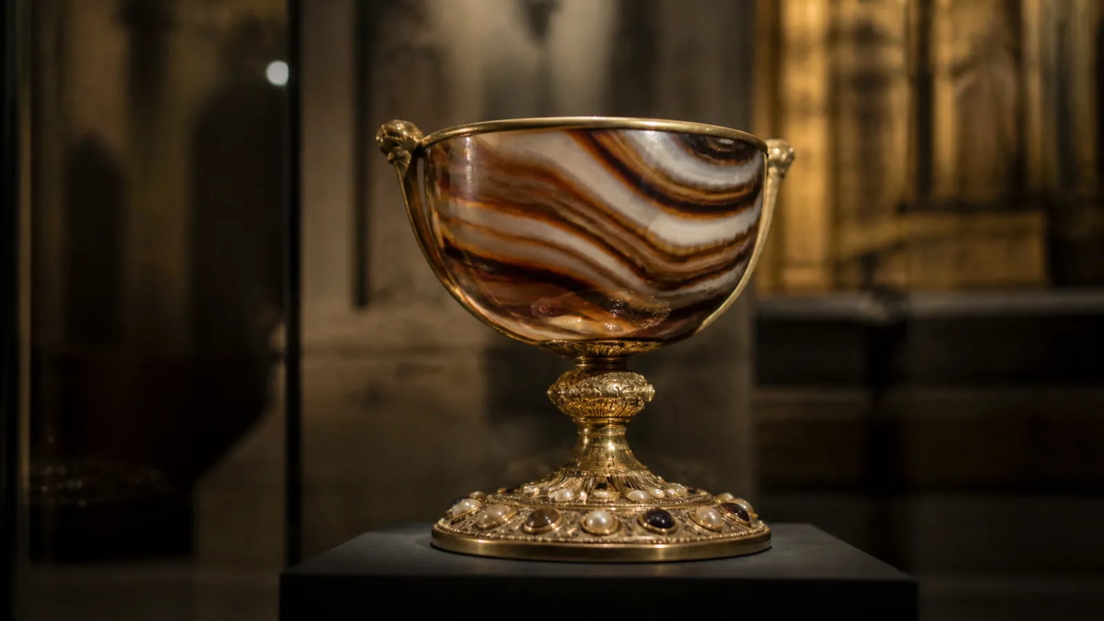Close-up of an agate chalice displayed behind glass in a cathedral under soft spotlight