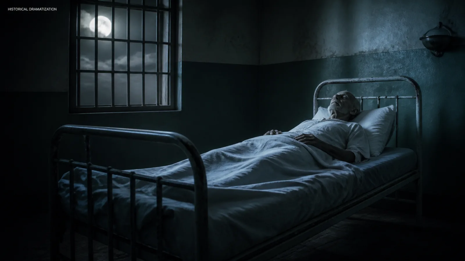 Dimly lit reenactment of a frail man in a 1940s prison hospital bed by moonlight