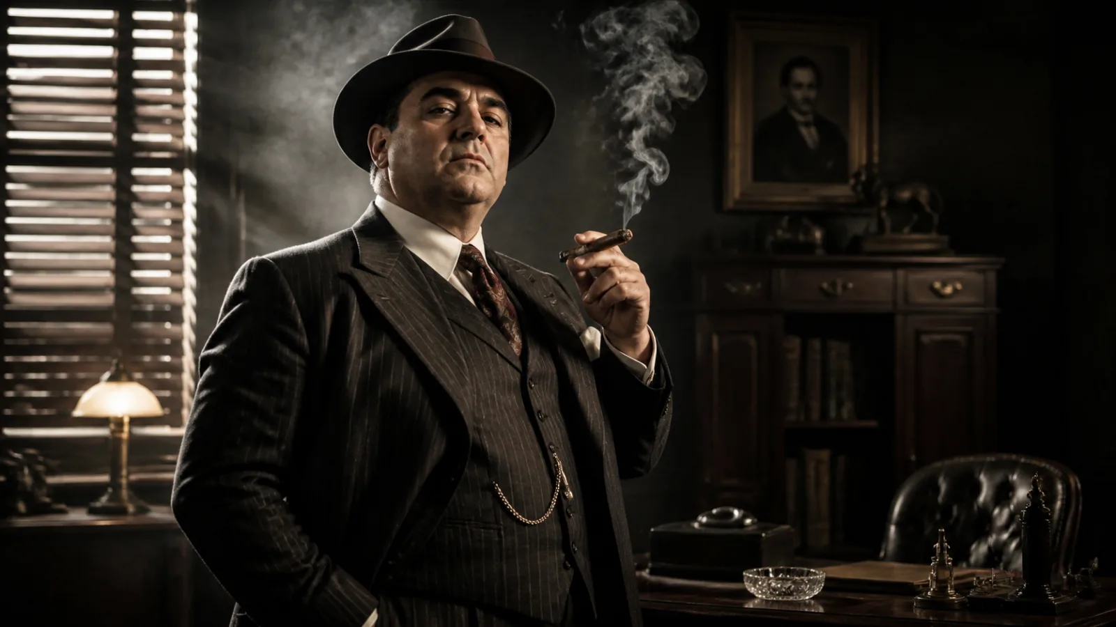 Reenactment portrait of a stern 1920s gangster in a pinstripe suit and fedora