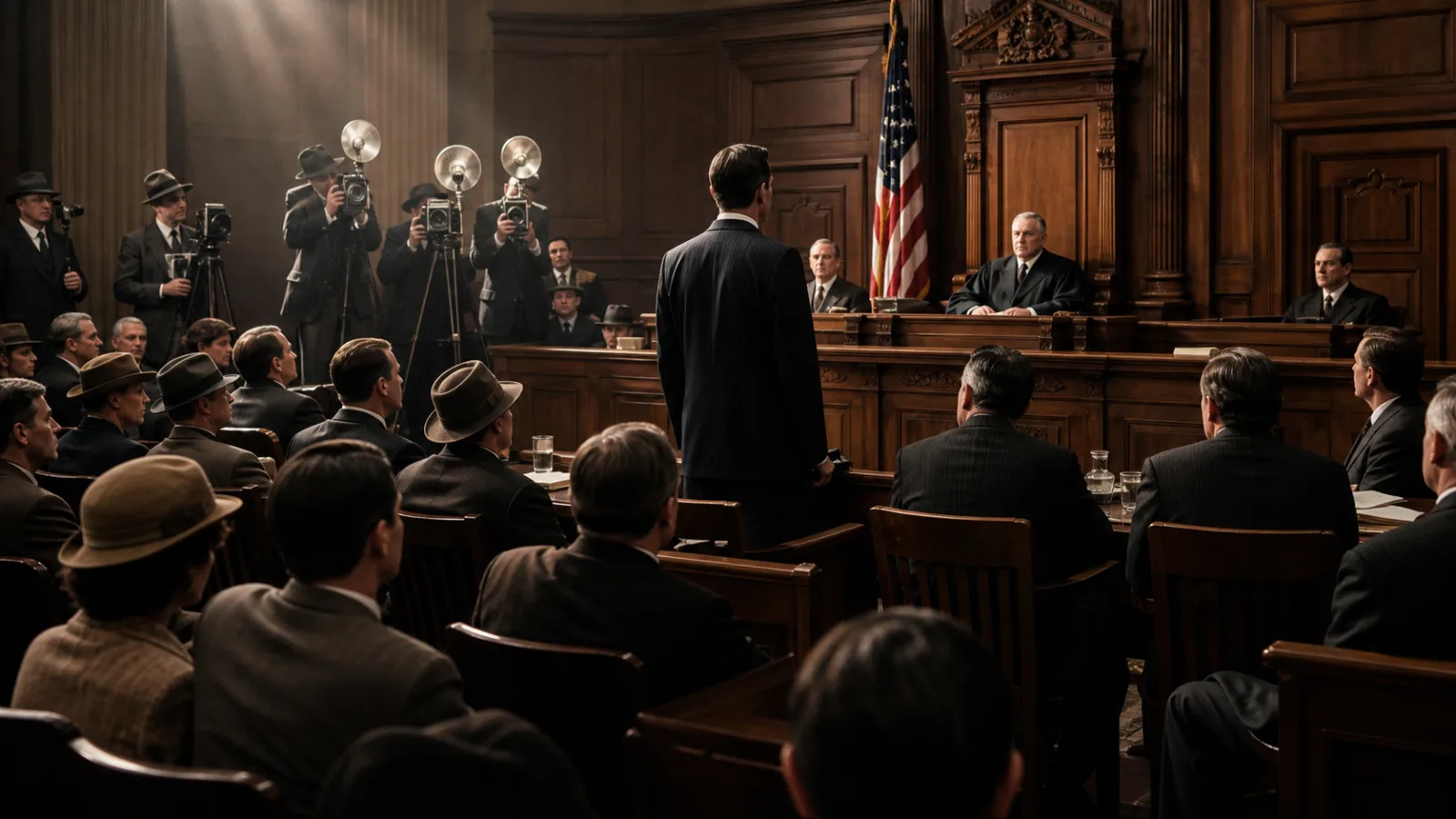 Reenactment of a tense 1931 courtroom scene with a well-dressed defendant