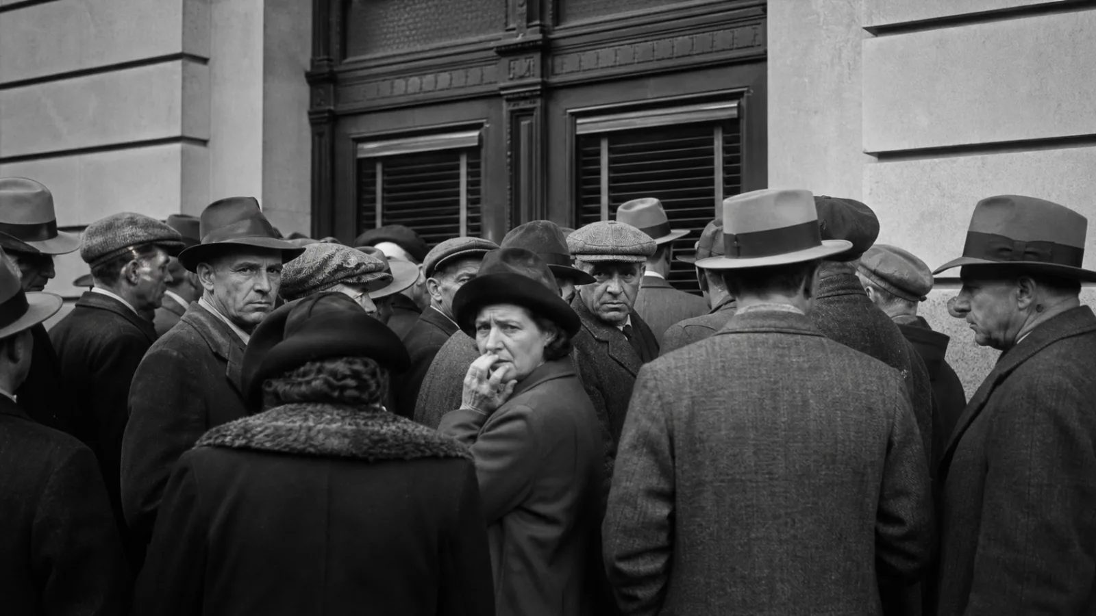 Reenactment of anxious depositors outside a closed bank during a 1930s bank run