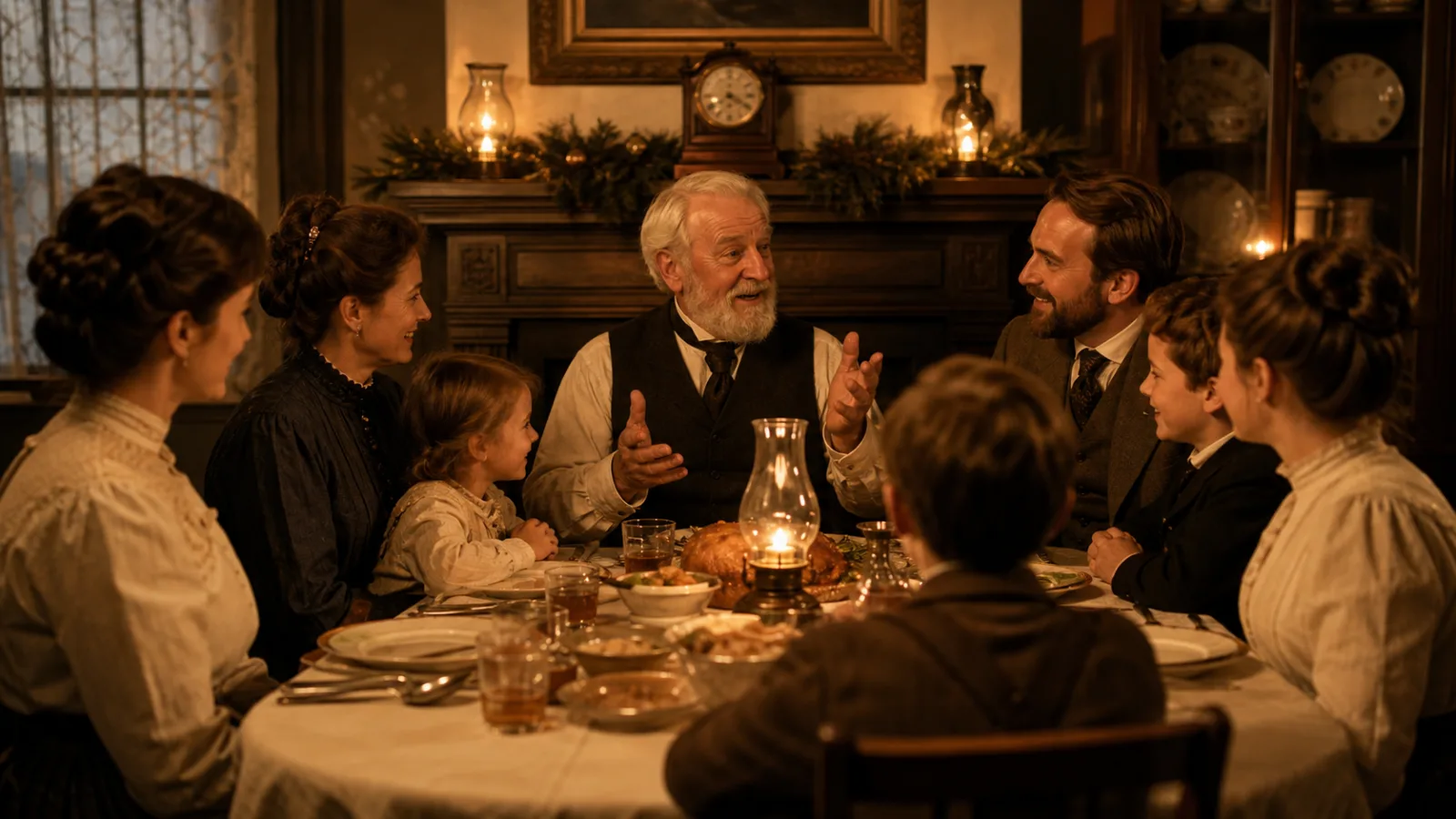 Nostalgic reenactment of a family gathered at a dinner table sharing old stories
