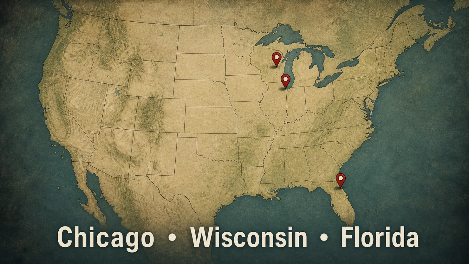 Vintage-style map graphic marking search locations in Chicago, Wisconsin, and Florida