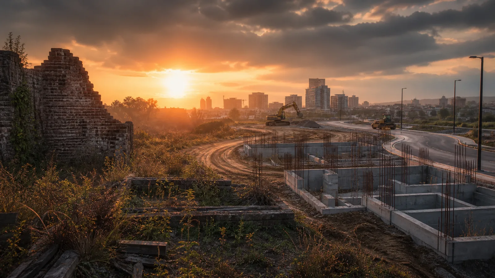 Modern construction and roads built over an empty overgrown lot, symbolizing lost history