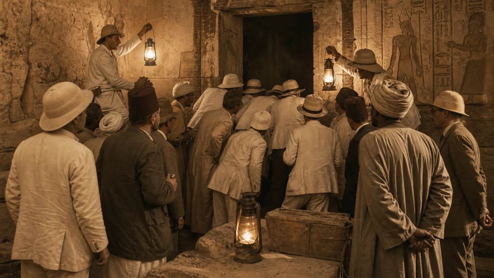 Illustration of dignitaries in linen suits crowding a dusty stone antechamber to peer into a newly opened tomb