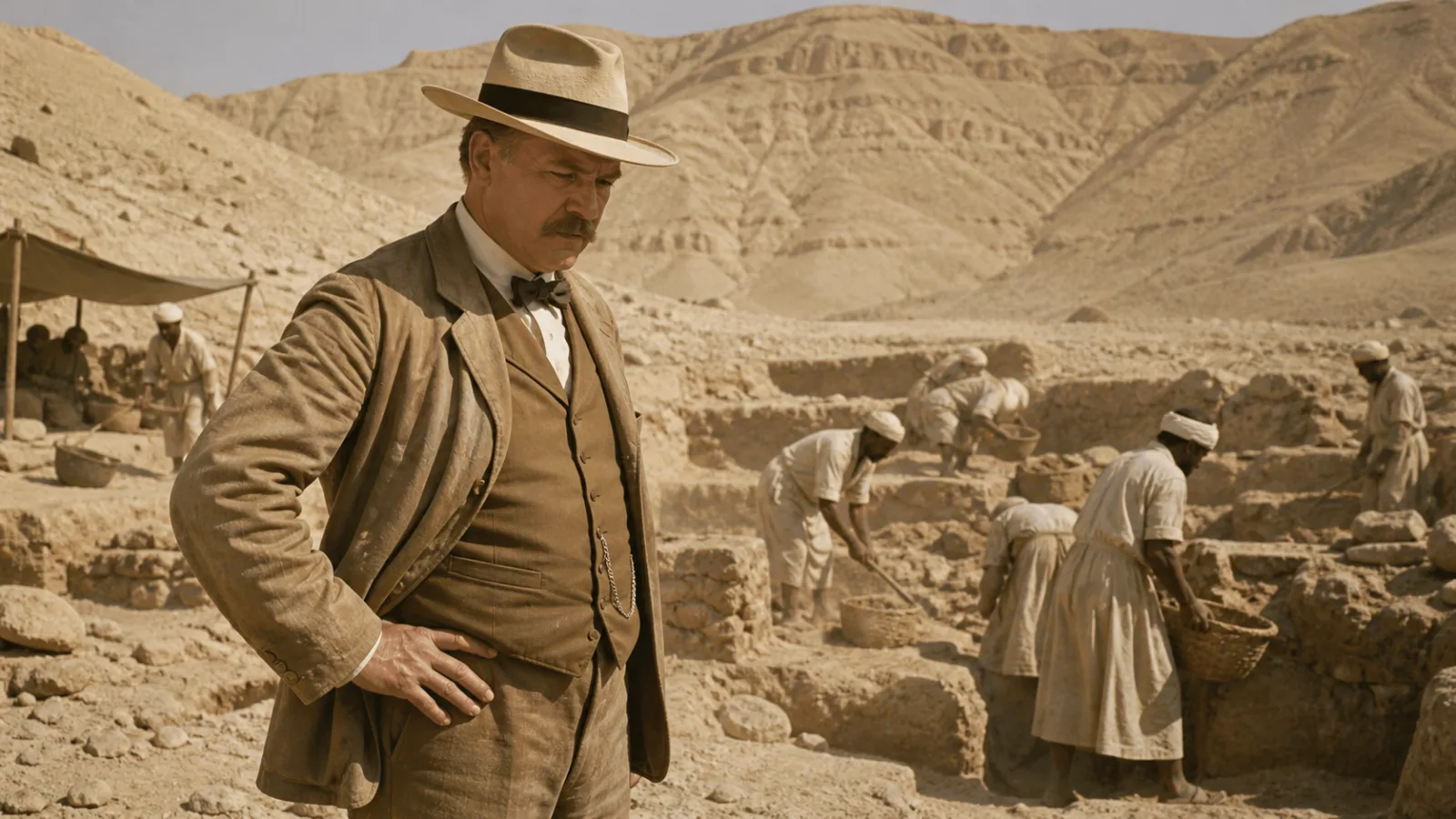 Illustration of an early twentieth-century archaeologist standing amid excavation trenches in the Valley of the Kings