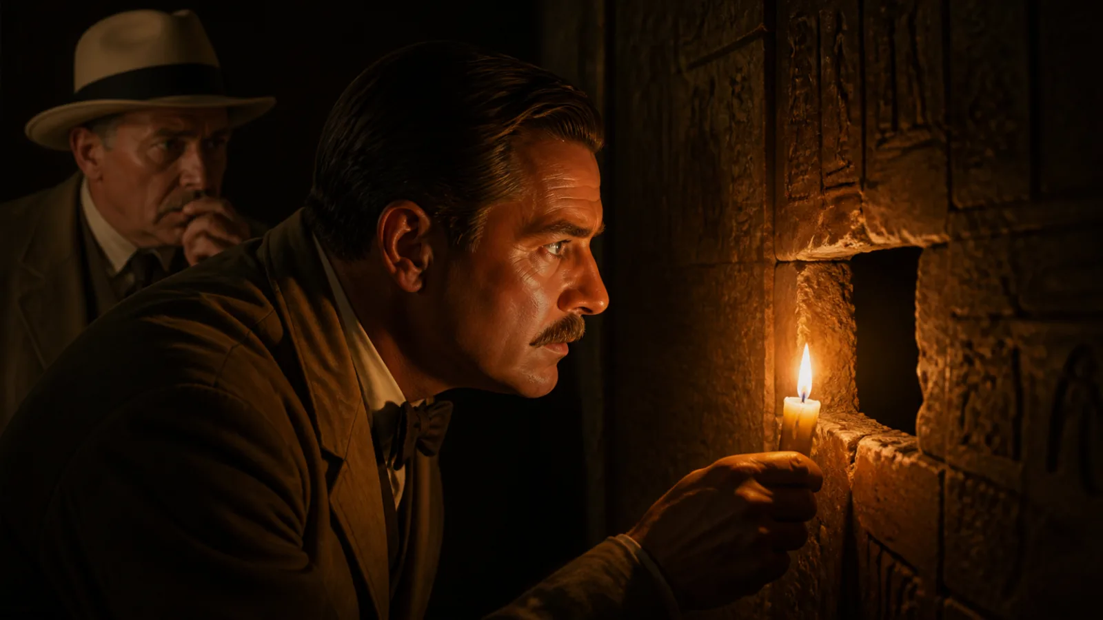 Illustration of a man holding a candle to a breach in a sealed stone tomb door, peering into darkness