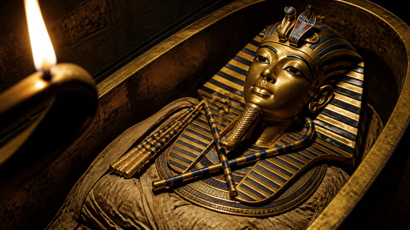 Illustration of a solid gold funerary mask resting on a linen-wrapped mummy within a sarcophagus