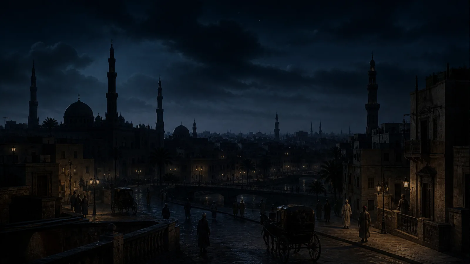 Atmospheric illustration of a 1920s Cairo cityscape at night with streetlights flickering off across the skyline
