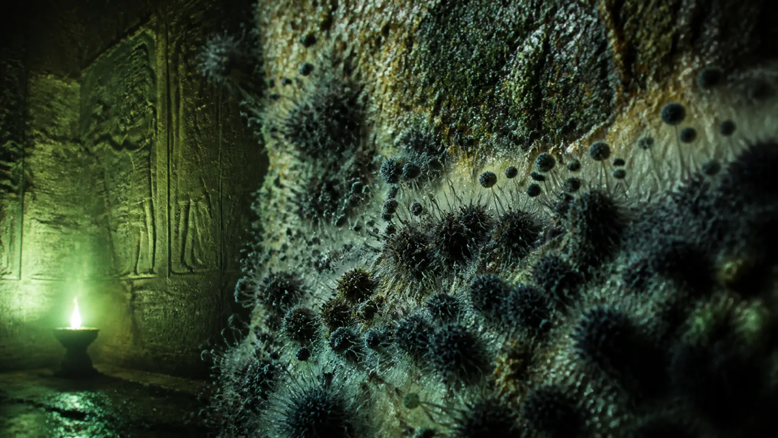 Macro-style illustration of dark mold and fungal growth on ancient stone tomb walls in dim light